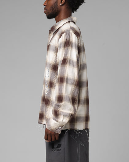 Loiter Heaven Distressed Flannel Button Up Shirt Brown/Beige