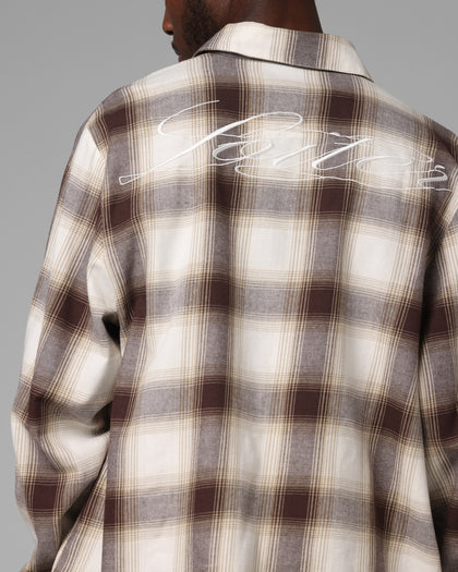 Loiter Heaven Distressed Flannel Button Up Shirt Brown/Beige