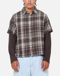 Saint Morta Plaid Layered Long Sleeve Button Up Shirt Brown