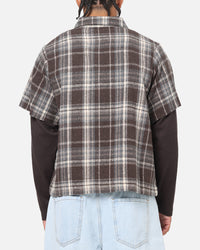 Saint Morta Plaid Layered Long Sleeve Button Up Shirt Brown