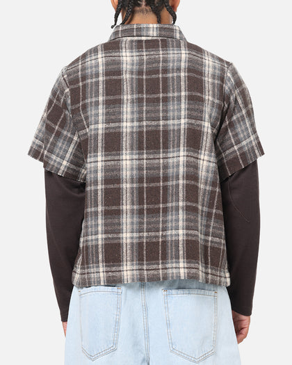 Saint Morta Plaid Layered Long Sleeve Button Up Shirt Brown