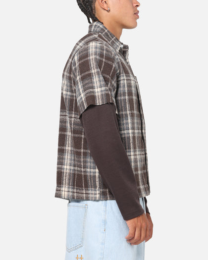 Saint Morta Plaid Layered Long Sleeve Button Up Shirt Brown