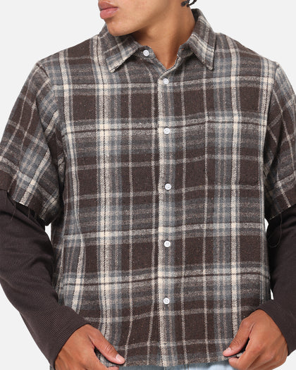 Saint Morta Plaid Layered Long Sleeve Button Up Shirt Brown