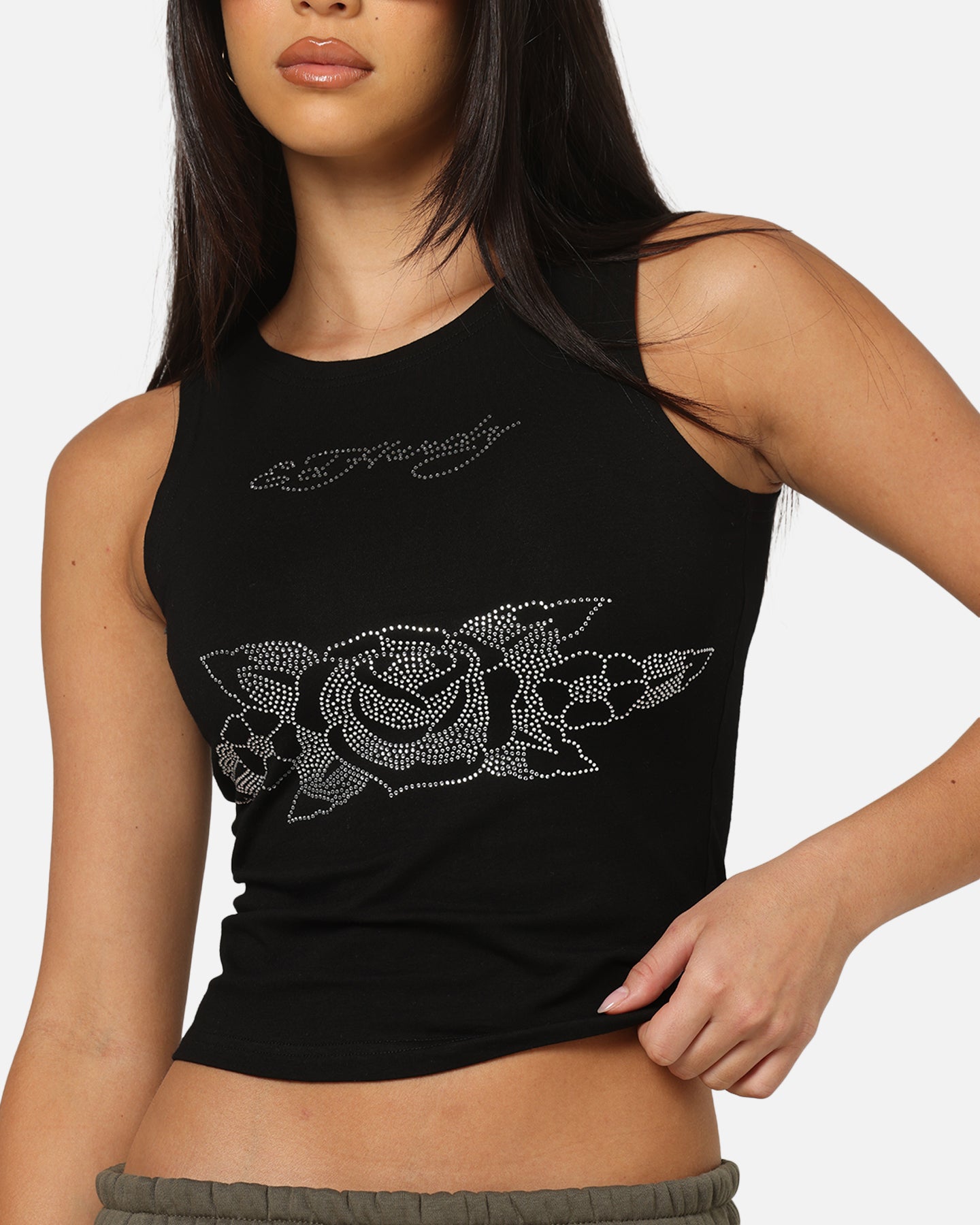 Ed Hardy ストーン レディース タンクトップ Ed Hardy Women's Rhinestone Rose Tank Black | Culture Kings US