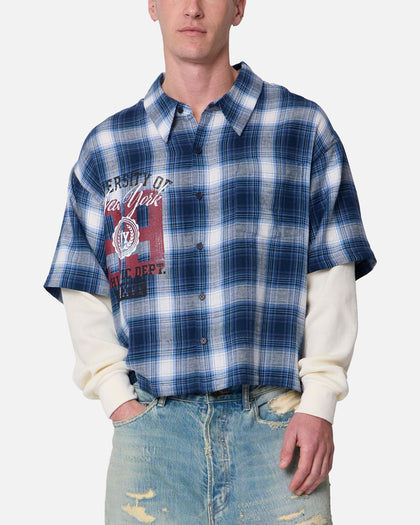 MNML Layered Thermal Button Up Long Sleeve Shirt Blue