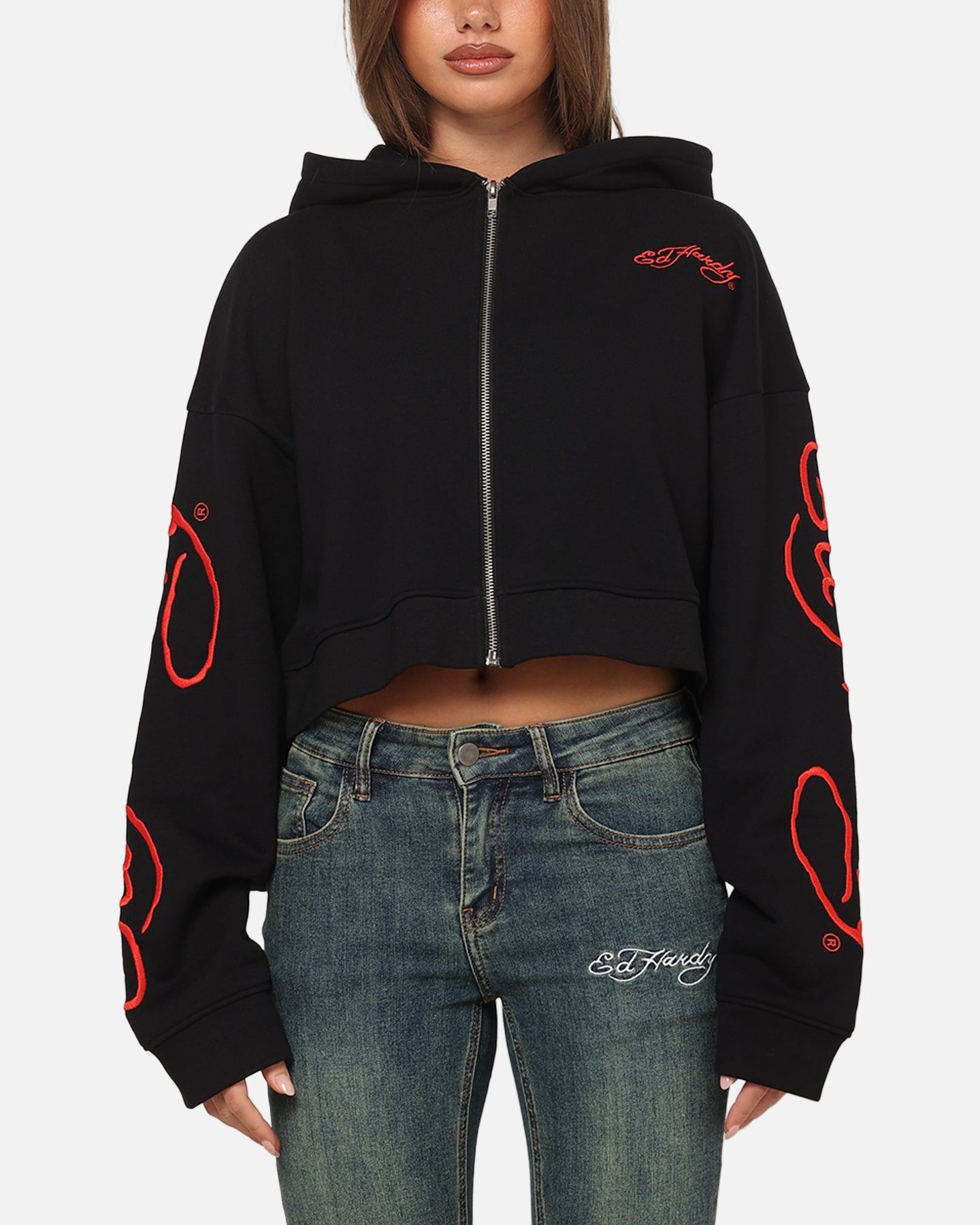 Ed Hardy Women's Afterburn Cropped Hoodie Black/Red | Culture Kings US