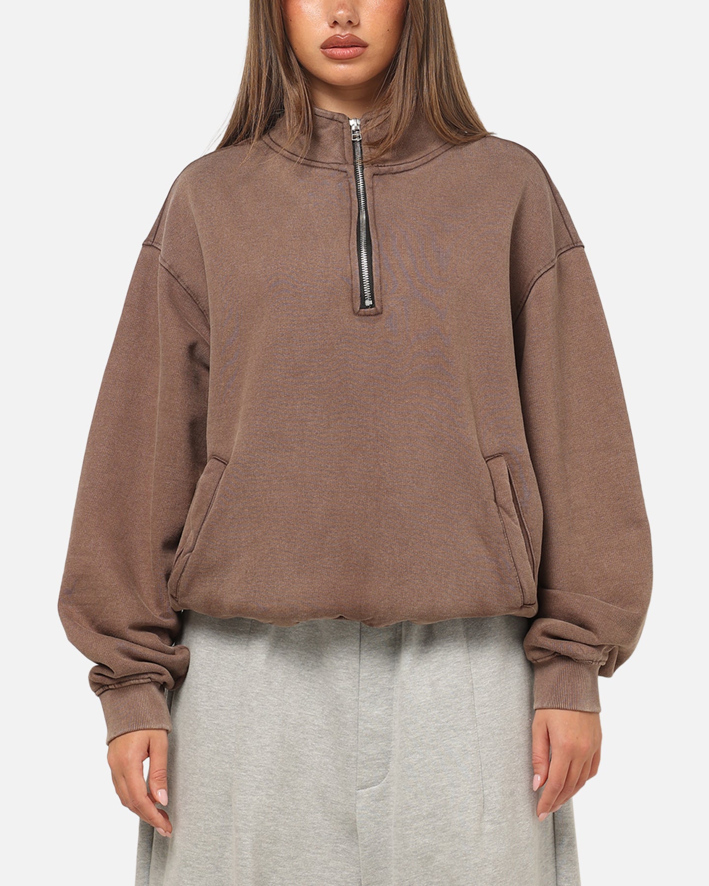 American Thrift Leisure Quarter Zip Mock Neck Sweater Washed Brown