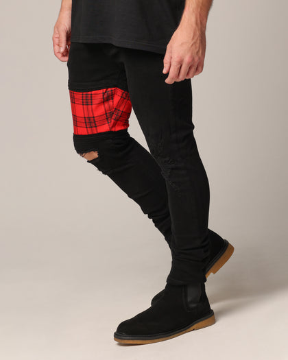 Saint Morta Sideline Distressed Jeans Black/Red Tartan