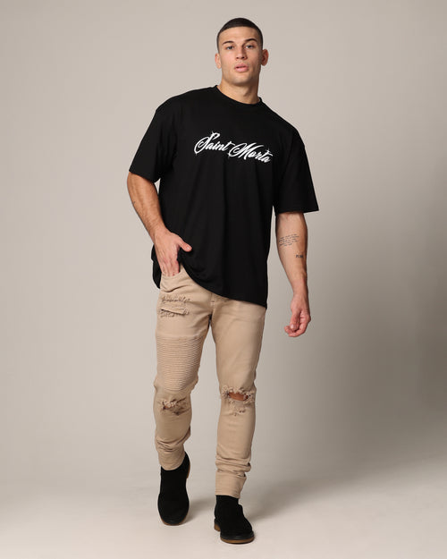 Saint Morta Men's Index Distressed Biker Jeans Bone