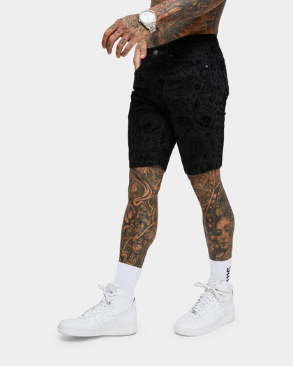 Saint Morta Paisley Skulls Denim Shorts Black/Black