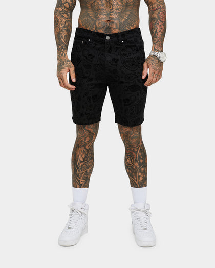Saint Morta Paisley Skulls Denim Shorts Black/Black