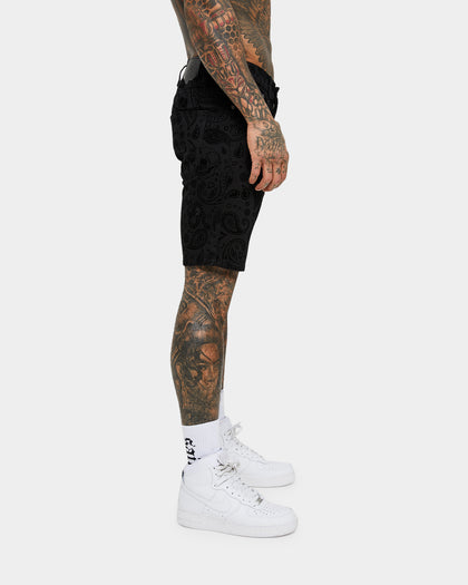 Saint Morta Paisley Skulls Denim Shorts Black/Black