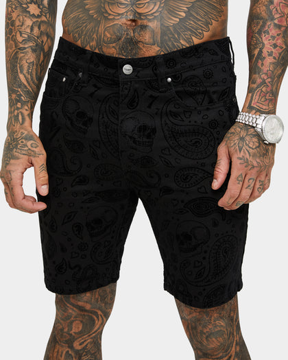 Saint Morta Paisley Skulls Denim Shorts Black/Black