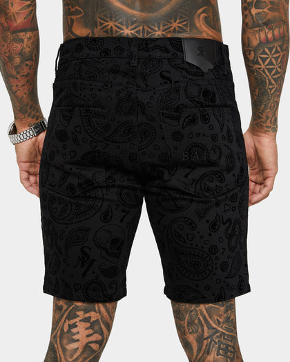 Saint Morta Paisley Skulls Denim Shorts Black/Black