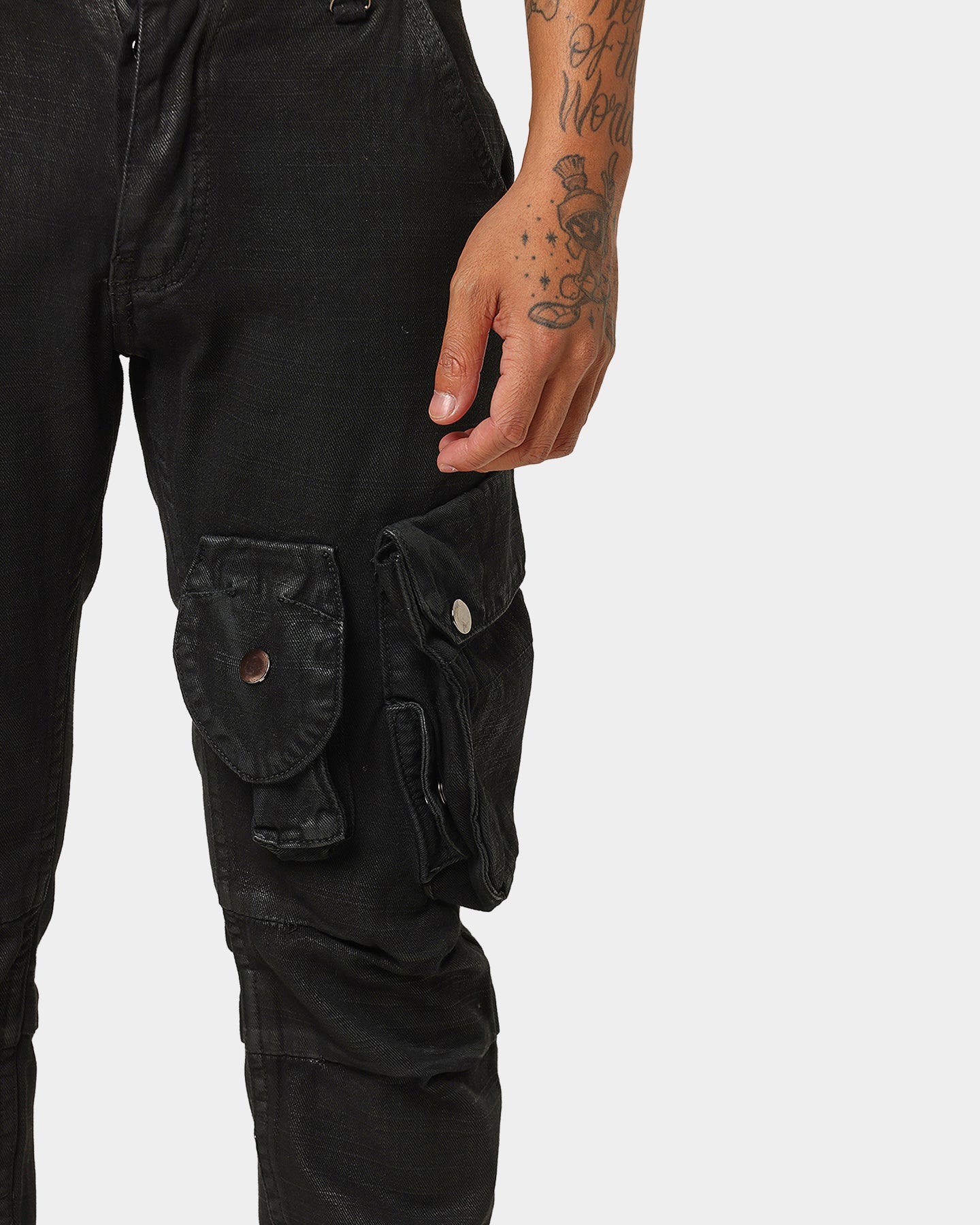 MNML Waxed Denim Cargo Pants Black | Culture Kings US