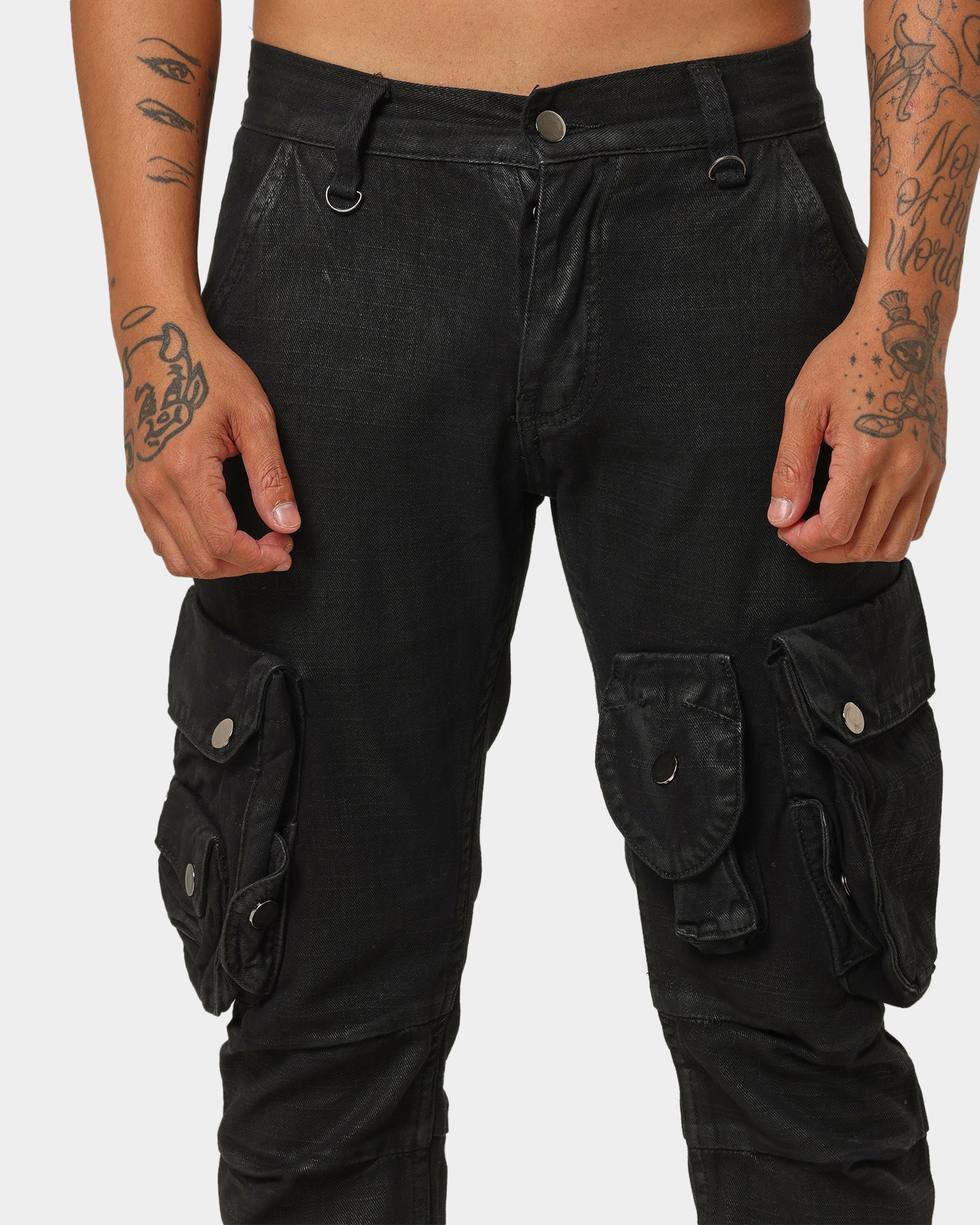 MNML Waxed Denim Cargo Pants Black | Culture Kings US