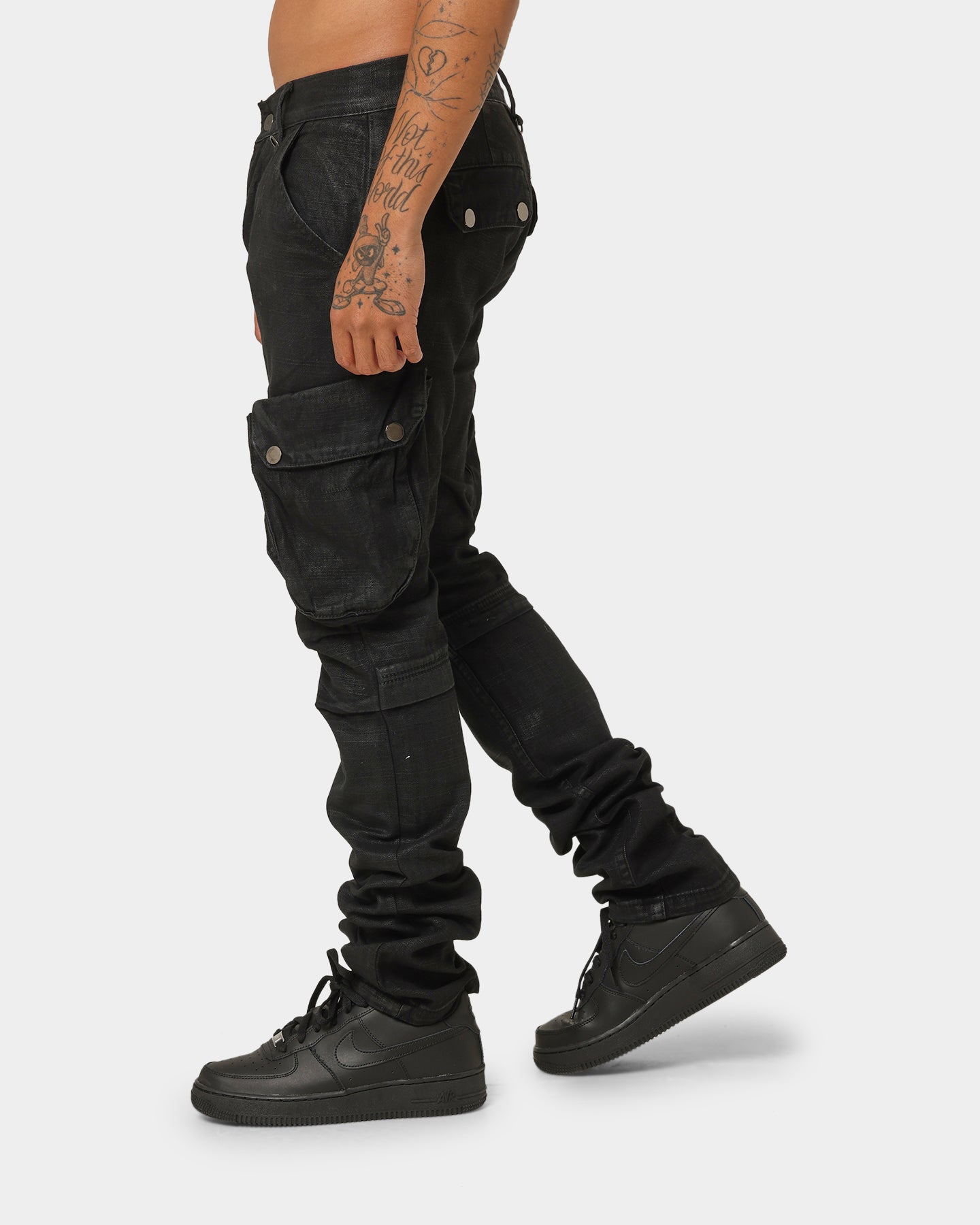 MNML Waxed Denim Cargo Pants Black | Culture Kings US