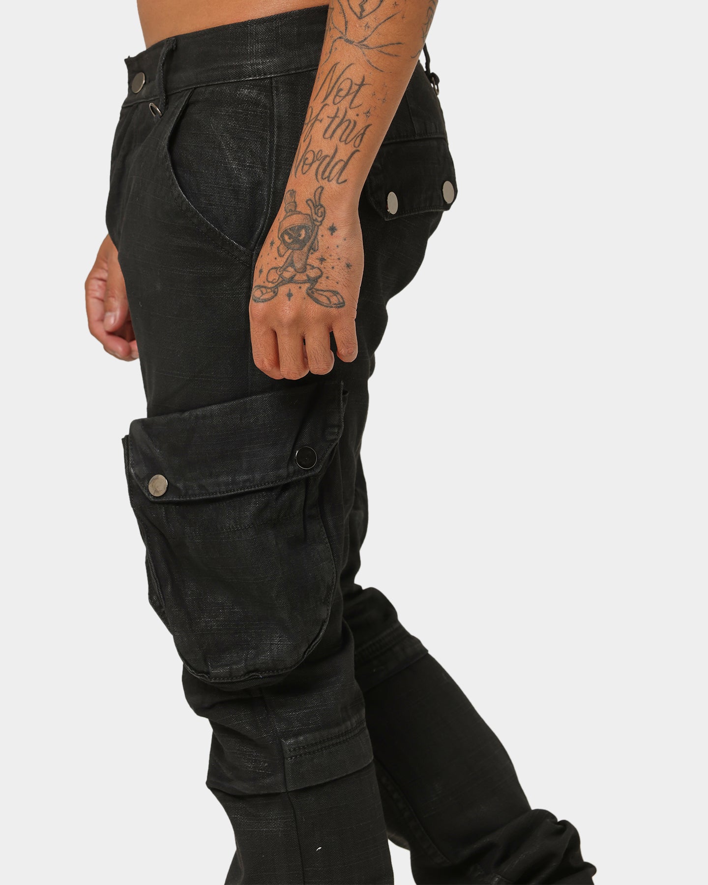 MNML Waxed Denim Cargo Pants Black | Culture Kings US
