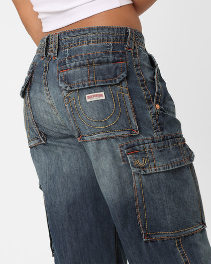 True Religion Women's Big T Cargo Pants Medium Wash