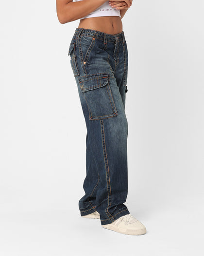 True Religion Women's Big T Cargo Pants Medium Wash