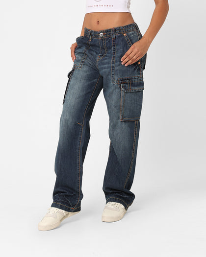 True Religion Women's Big T Cargo Pants Medium Wash