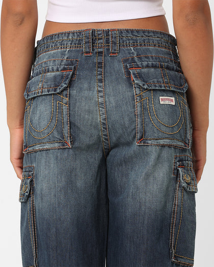 True Religion Women's Big T Cargo Pants Medium Wash
