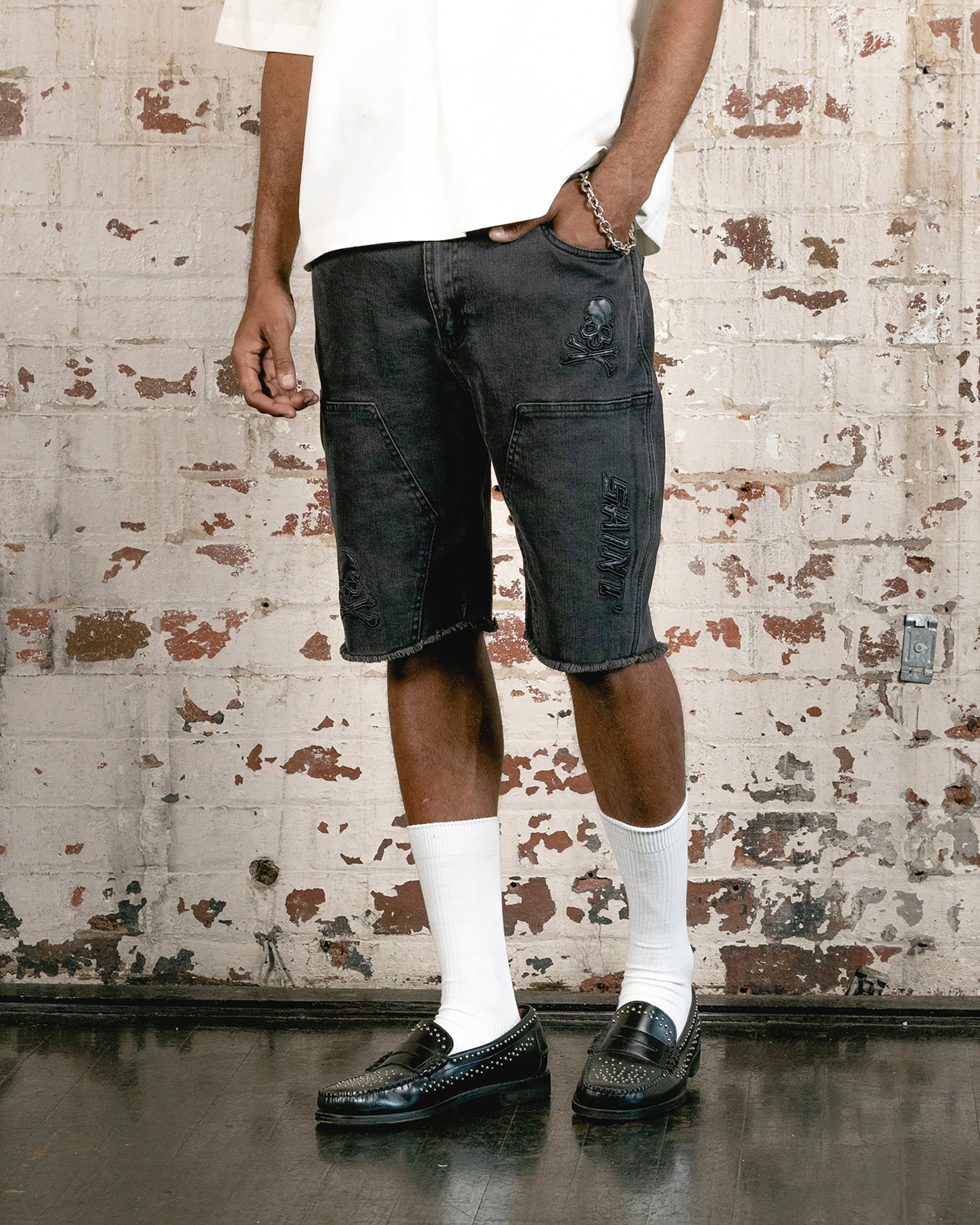 Saint Morta Skull And Bones Denim Shorts Vintage Black | Culture