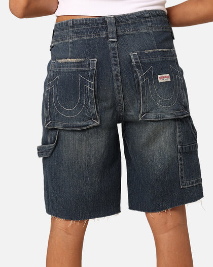 True Religion Women's Ricki Utility Shorts Dark Wash W/Destroy