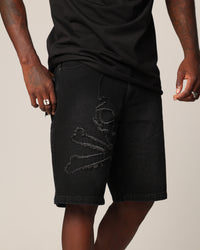 Saint Morta Half Skull Denim Shorts Washed Black