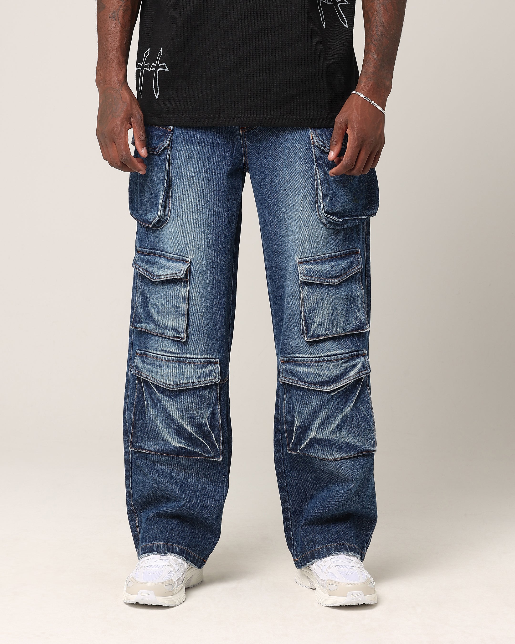 Saint Morta Baggy Cargo Pants Dark Blue Denim | Culture Kings US