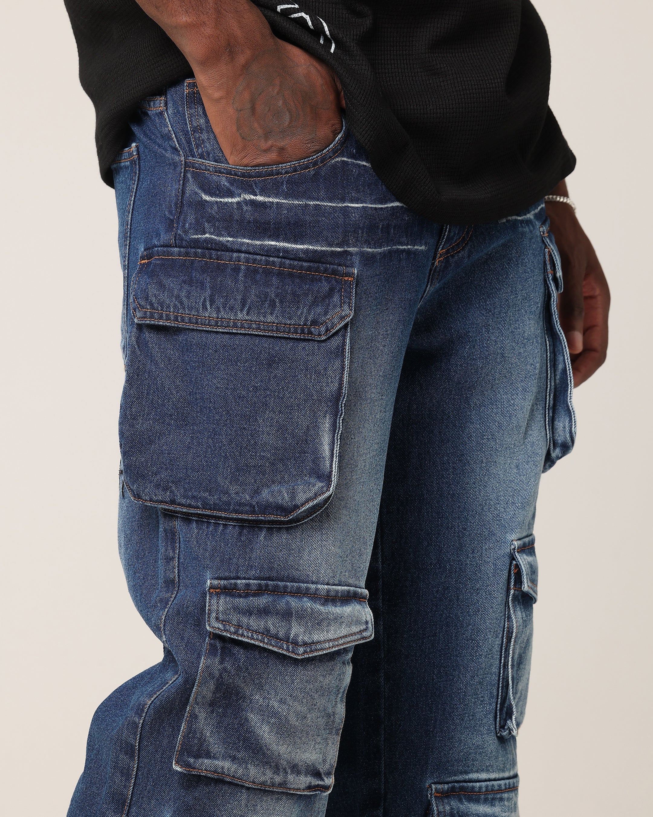 Saint Morta Baggy Cargo Pants Dark Blue Denim | Culture Kings US