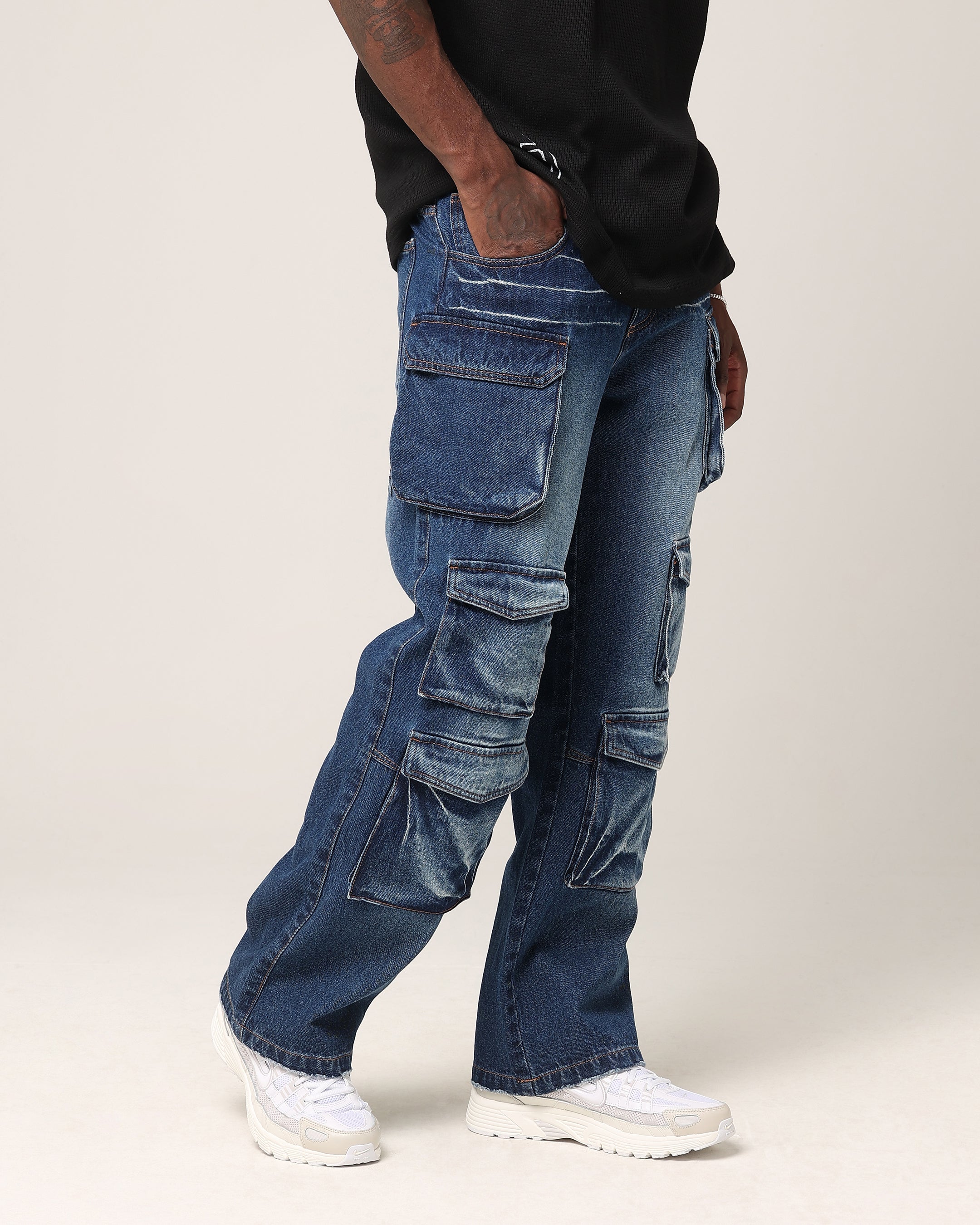 Saint Morta Baggy Cargo Pants Dark Blue Denim | Culture Kings US