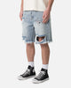 MNML Distressed Spider Denim Shorts Light Blue