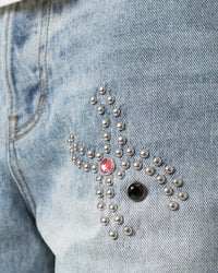 MNML Distressed Spider Denim Shorts Light Blue