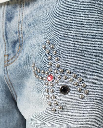 MNML Distressed Spider Denim Shorts Light Blue