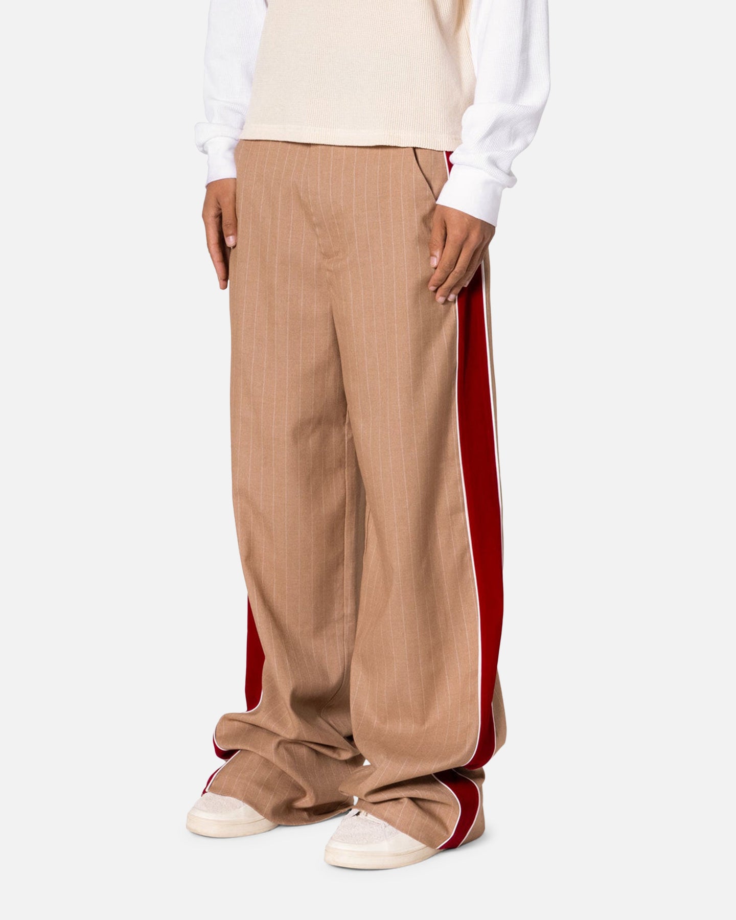 MNML Pinstripe Velvet Trim Pants Tan | Culture Kings US