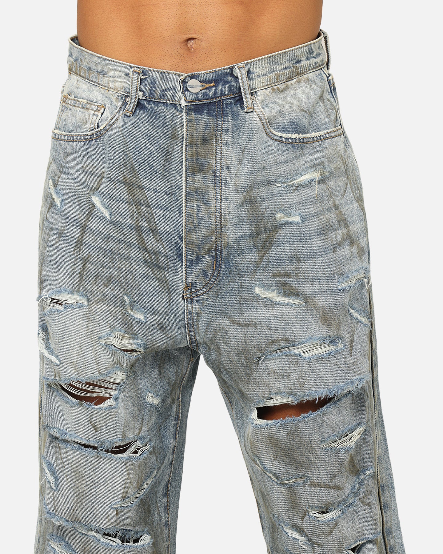 MNML Ultra Baggy Thrashed Denim Jeans Blue | Culture Kings US