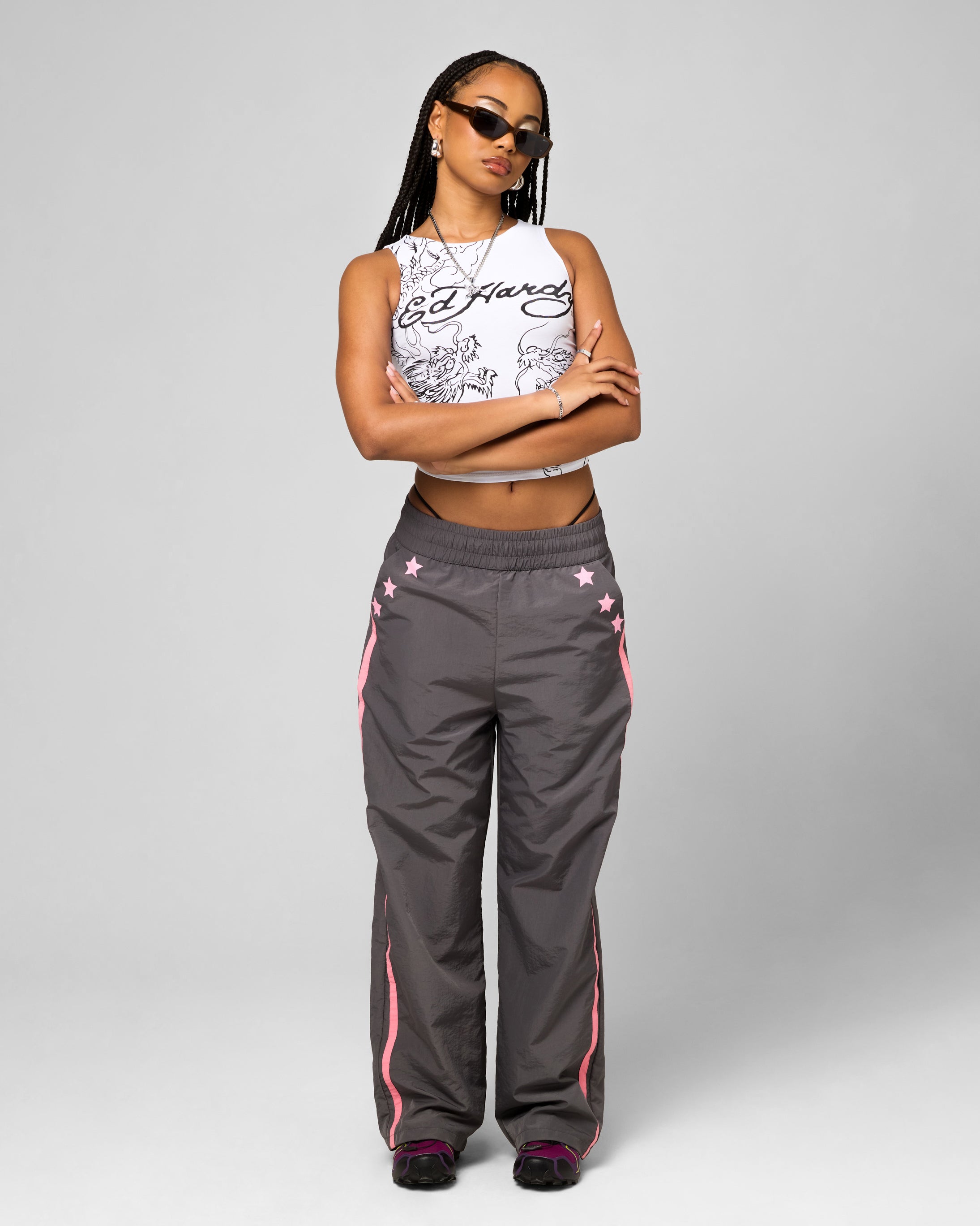 Ed Hardy Women's Nylon Sports Pant Grey/Pink | Culture Kings US