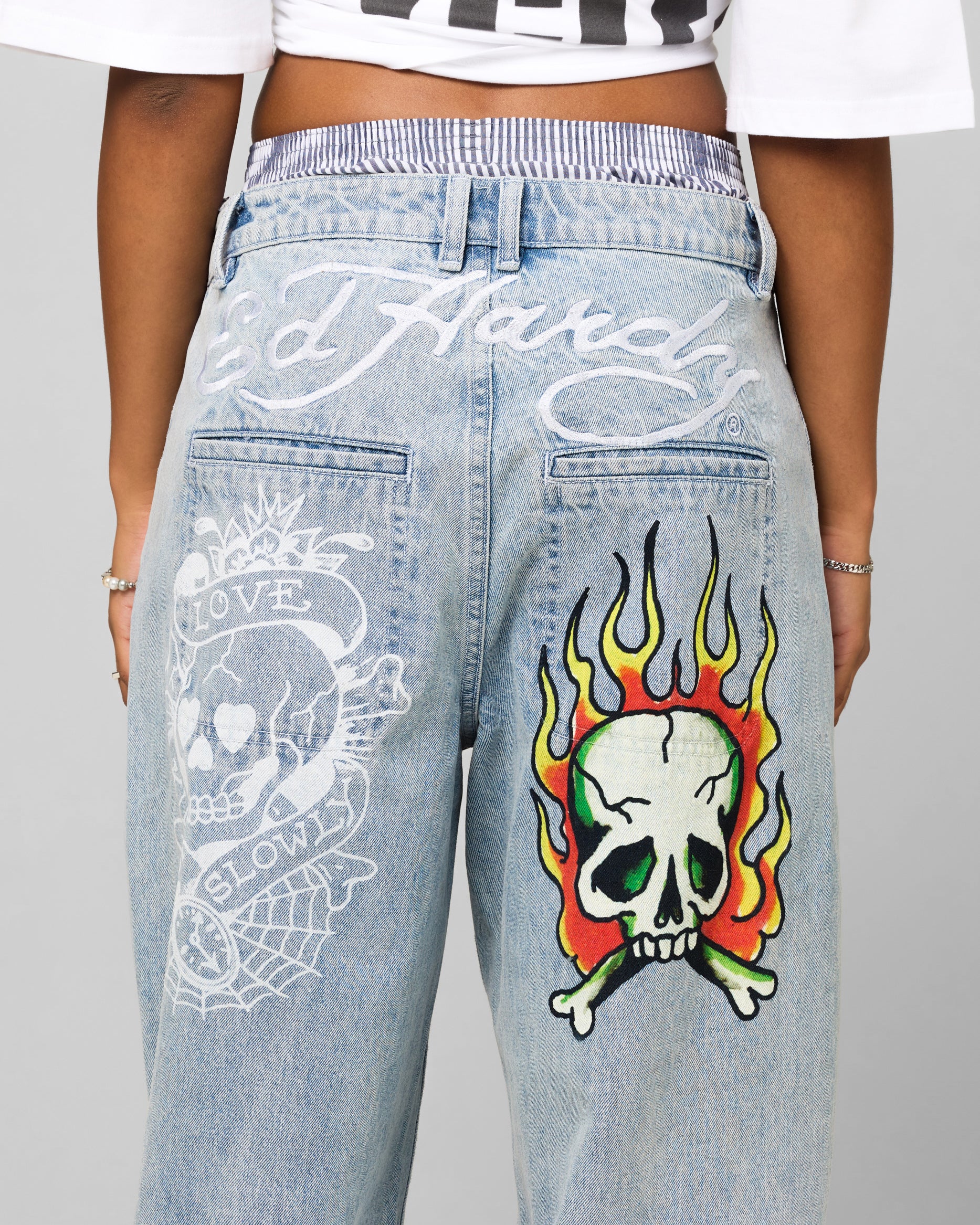 Ed Hardy Wide Leg Skull Jeans Light Blue | Culture Kings US