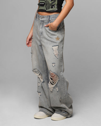 Loiter Star Layered Distressed Jeans Washed Blue