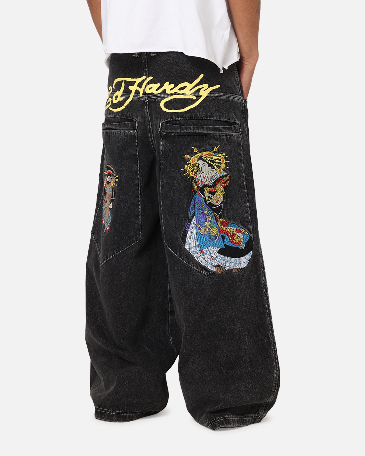 Ed Hardy Ultra Wide Leg Denim Jeans Black/Yellow | Culture Kings US