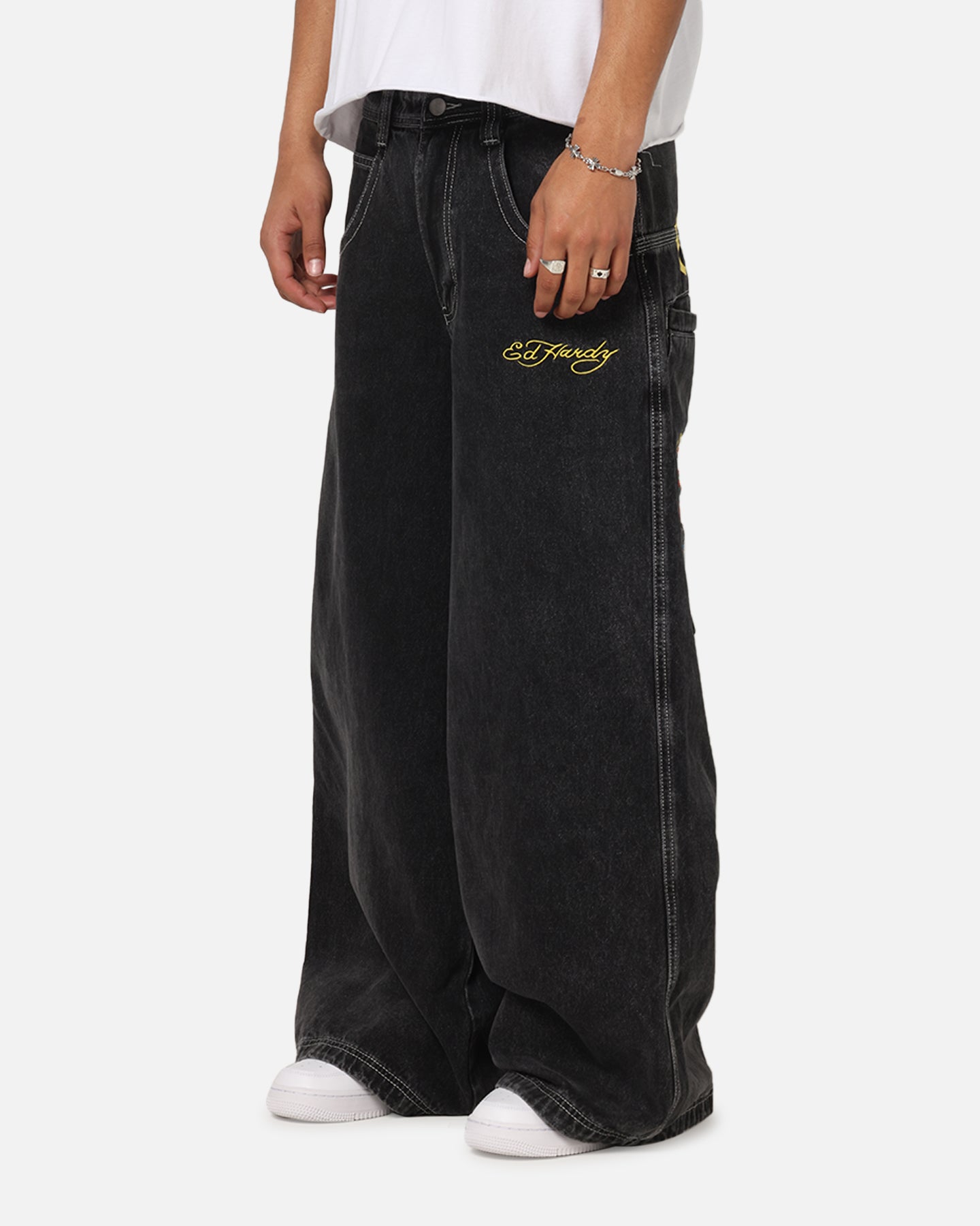Ed Hardy Ultra Wide Leg Denim Jeans Black/Yellow | Culture Kings US