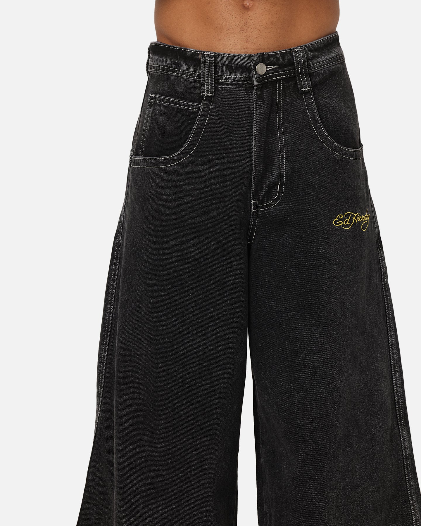 Ed Hardy Ultra Wide Leg Denim Jeans Black/Yellow | Culture Kings US