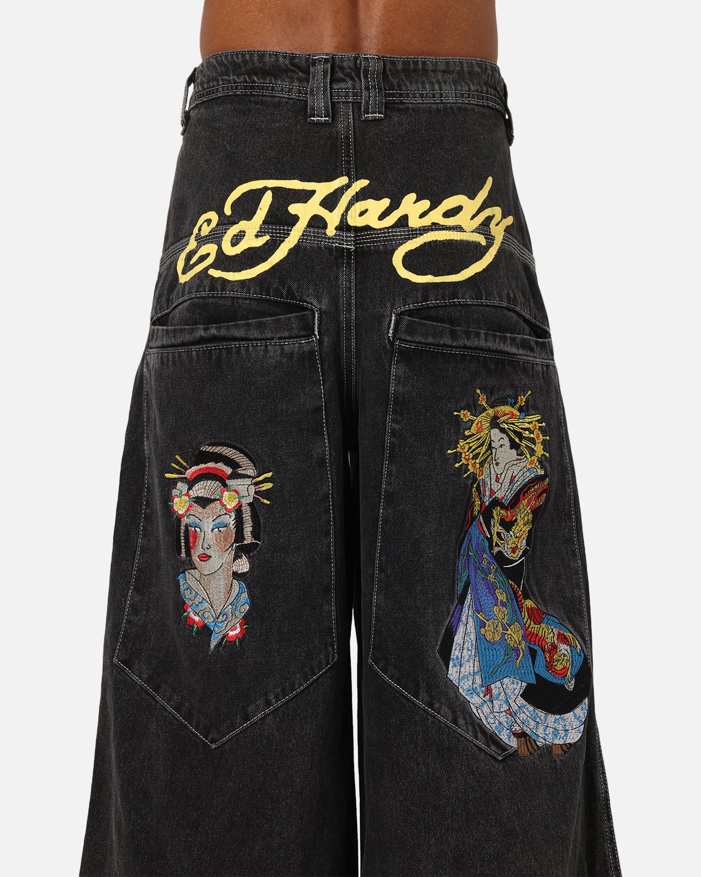Ed Hardy Ultra Wide Leg Denim Jeans Black/Yellow | Culture Kings US