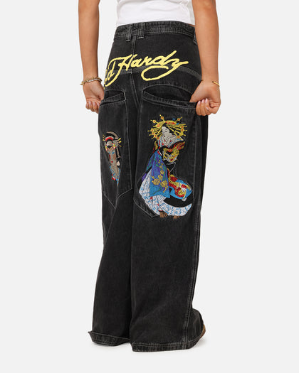 Ed Hardy Ultra Wide Leg Denim Jeans Black/Yellow