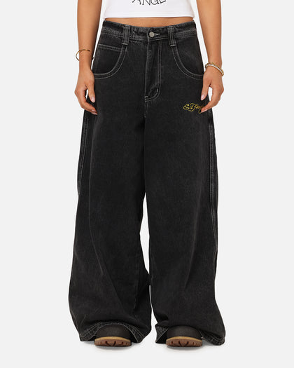 Ed Hardy Ultra Wide Leg Denim Jeans Black/Yellow