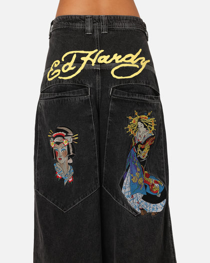 Ed Hardy Ultra Wide Leg Denim Jeans Black/Yellow