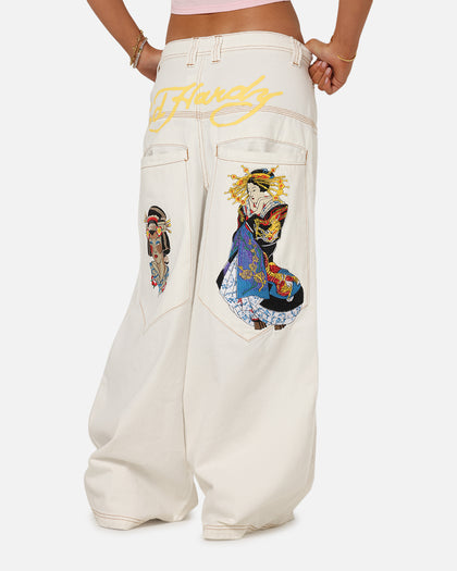 Ed Hardy Ultra Wide Leg Denim Jeans Off White/Yellow