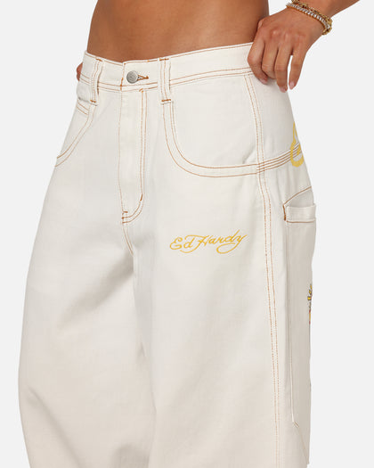 Ed Hardy Ultra Wide Leg Denim Jeans Off White/Yellow