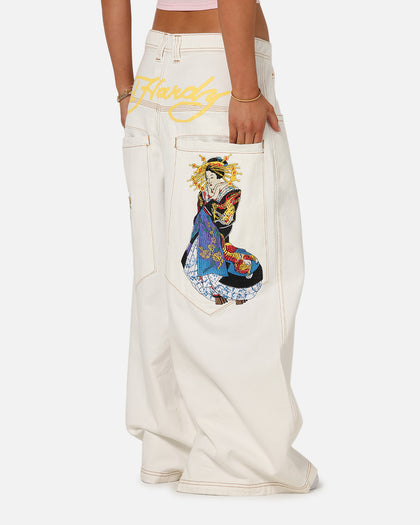 Ed Hardy Ultra Wide Leg Denim Jeans Off White/Yellow